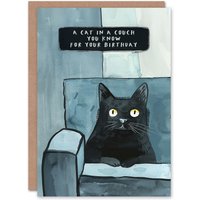 Artery8 Moggie In A Couch Fun Watercolour Cat Lover Birthday Card in Blue