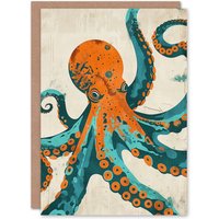 Artery8 Octopus Modern Turquoise Orange Teal Design Birthday Card