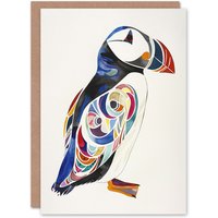 Artery8 Puffin Bird Bright Colourful Pattern Folk Art Birthday Card