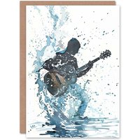 Artery8 Guitar Player Rock Music Watercolour Splash Birthday Card in Blue