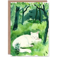 Artery8 White Cat Lover Forest Nap Watercolour Landscape Birthday Card in Green