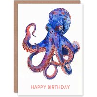 Artery8 Octopus Modern Blue Purple Pink Watercolour Birthday Card