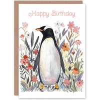 Artery8 Women's Cute Penguin in Wildflower Meadow Watercolour Birthday Card