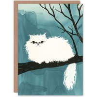 Artery8 Perched on Tree Branch White Persian Cat Lover Birthday Card in Blue