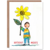 Artery8 Women's Boy With Yellow Daisy Flower Cute Child Drawing Birthday Card