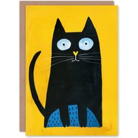 Artery8 Black Cat Lover Quirky Yellow Blue Pet Portrait Birthday Card