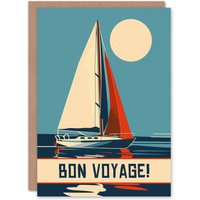 Artery8 Bon Voyage Sail Boat Sailing Calm Sea Graphic Farewell Card in Blue