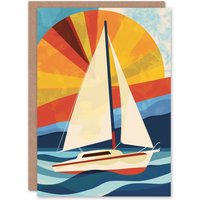 Artery8 Abstract Orange Red Blue Sailing Sail Boat Sunset Birthday Card