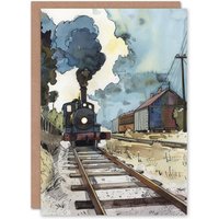 Artery8 Vintage Steam Train Station Arrival Watercolour Birthday Card in Brown