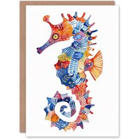 Artery8 Colourful Pattern Watercolour Seahorse Folk Art Birthday Card