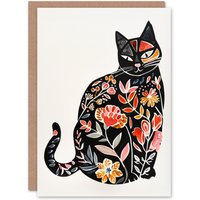 Artery8 Women's Cat Lover Watercolour Flower Pattern Silhouette Birthday Card in Red