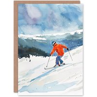 Artery8 Winter Sport Snow Ski Skiing Alps Watercolour Birthday Card in Blue