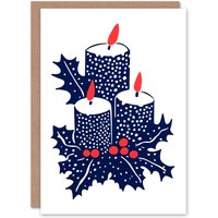 Wee Blue Coo Three Pillar Candles Holly Plant Leaves Xmas Art Blank Christmas Card in Navy