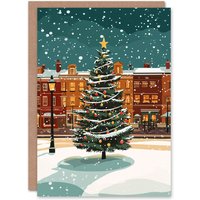 Wee Blue Coo Decorated Tree Town Square Snowy Night Xmas Art Blank Christmas Card