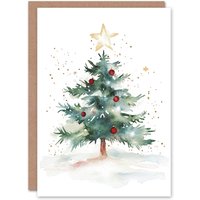 Wee Blue Coo Decorated Tree Large Star Festive Fun Xmas Art Blank Christmas Card in Green