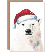 Wee Blue Coo Polar Bear Santa Hat Bright Festive Fun Xmas Art Blank Christmas Card in White