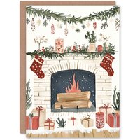 Wee Blue Coo Cosy Fireplace Scene Decorations Presents Xmas Blank Christmas Card in Off-White