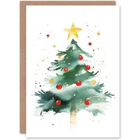 Wee Blue Coo Red Yellow Bauble Tree Bright Festive Xmas Art Blank Christmas Card in Green