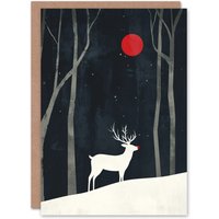 Wee Blue Coo Rudolph Red Nosed Reindeer Winter Forest Xmas Art Blank Christmas Card in Dark Navy