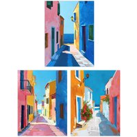 Wee Blue Coo Set of 3 Prints Colourful Village Sea Greek Spanish Poster Art in Blue | Size: W12" x H16"