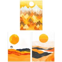 Wee Blue Coo Set of 3 Prints Bold Orange Sunset Landscape Mountains Wall Art | Size: W12" x H16"