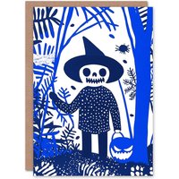 Wee Blue Coo Spooky Scarecrow Pumpkin Face Trick or Treat Scary Halloween Card in Blue