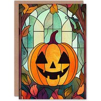 Wee Blue Coo Autumn Pumpkin Stained Glass Fun Trick or Treat Scary Halloween Card in Orange