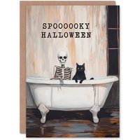Wee Blue Coo Spooky Fun Black Cat & Skeleton Trick or Treat Scary Halloween Card in Off-White