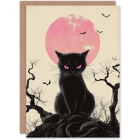 Wee Blue Coo Black Cat Scowl Full Moon Bats Trick or Treat Scary Halloween Card in Pink