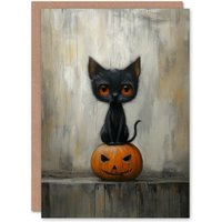 Artery8 Creepy Cat on Carved Pumpkin Face Grunge Scary Haunted Halloween Card in Grey