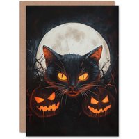 Artery8 Cat & Pumpkins Fun Jack o Lanterns Full Moon Scary Halloween Card in Black