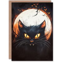 Artery8 Evil Witches Cat on Full Moon Bats Fun Scary Haunted Halloween Card in Black