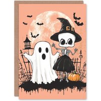 Fun Happy Ghost Skeleton Trick or Treat Scary Halloween Card