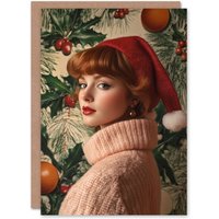 Artery8 Santa Hat Redhead Holly Bauble Portrait Christmas Festive Xmas Card in Red