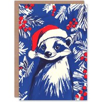 Artery8 Santa Hat Badger Holly Plant Berry Christmas Fun Festive Xmas Card in Blue