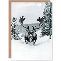Artery8 Reindeer Black White Winter Forest Snow Christmas Festive Xmas Card