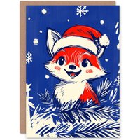 Artery8 Cute Baby Fox With Santa Hat Cartoon Christmas Fun Festive Xmas Card in Blue