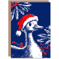 Artery8 Cute Goose With Santa Hat & Holly Christmas Fun Festive Xmas Card in Blue