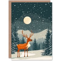 Artery8 Reindeer Moon North Pole Winter Snow Christmas Fun Festive Xmas Card in Green