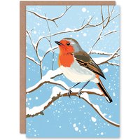Artery8 Robin Bird Snow Winter Tree Branch Christmas Fun Festive Xmas Card in Blue