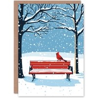 Artery8 Red Cardinal Park Bench Snow Winter Scene Christmas Festive Xmas Card in Blue
