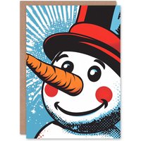 Artery8 Top Hat Snowman Face Comic Book Pop Art Christmas Festive Xmas Card in Blue