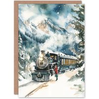 Artery8 Polar Express Train Winter Landscape Christmas Fun Festive Xmas Card in Blue