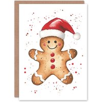 Artery8 Cute Santa Hat Gingerbread Man Christmas Fun Gift Festive Xmas Card in Red