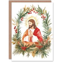 Artery8 Jesus Christ Pine Leaf Holly Wreath Christmas Fun Festive Xmas Card in Green
