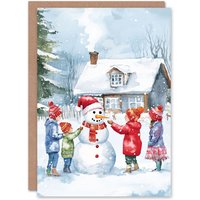 Artery8 Kids Build Snowman Cottage Garden Christmas Fun Gift Festive Xmas Card