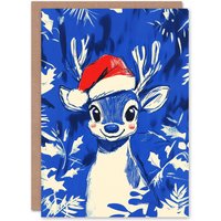 Artery8 Cute Baby Reindeer Santa Hat Holly Blue Christmas Festive Xmas Card