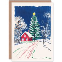 Artery8 Scandinavia Red Cottage Tree Winter Christmas Fun Festive Xmas Card in Blue