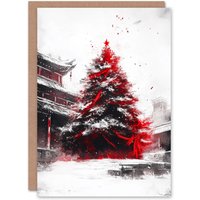 Artery8 Majestic Tree Snowy Chinese Temple Christmas Fun Festive Xmas Card in Red