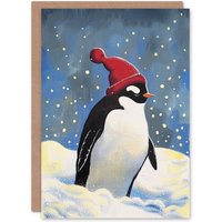Artery8 Cute Penguin Winter Hat Snow Painting Christmas Fun Festive Xmas Card in Blue